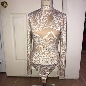 White & Nude Rhinestone Detail Bodysuit